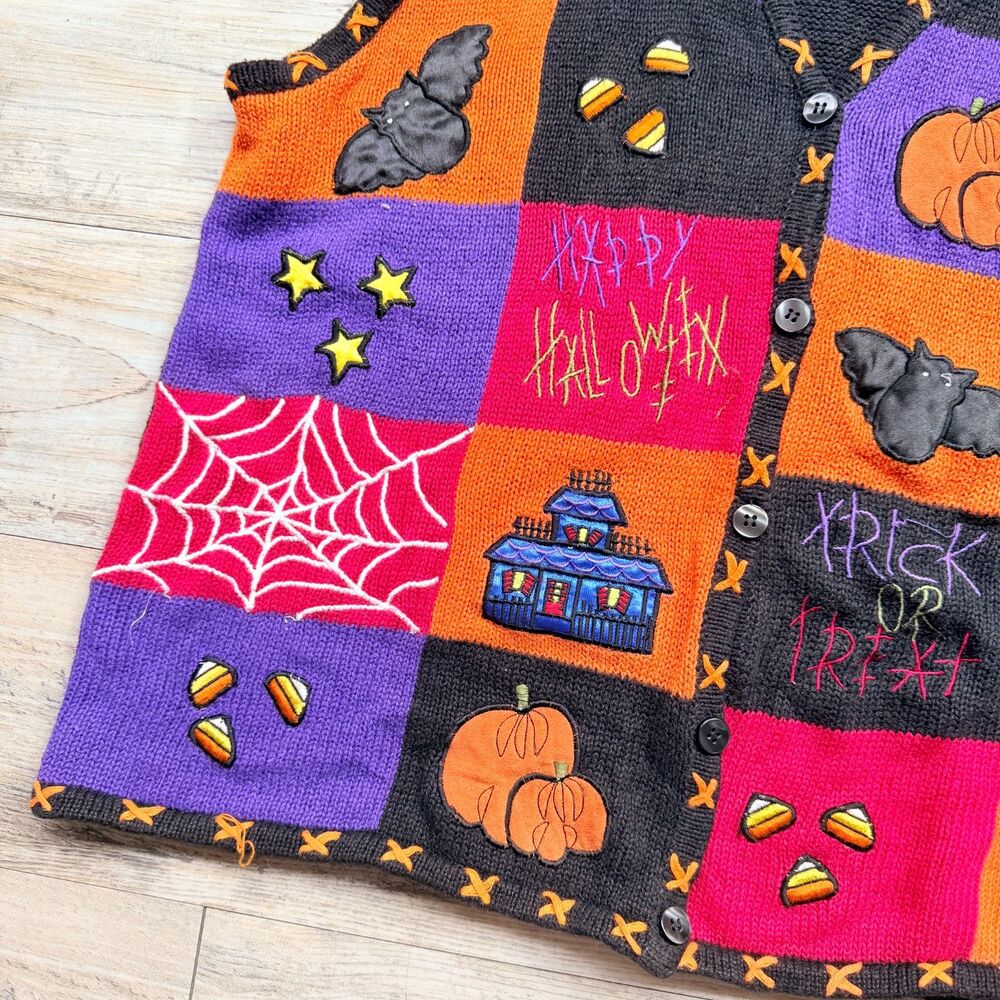 Vintage Halloween Sweater Patchwork Vest XL Witch Pumpkin Bat 90s Knit Kitschy - Picture 4 of 10